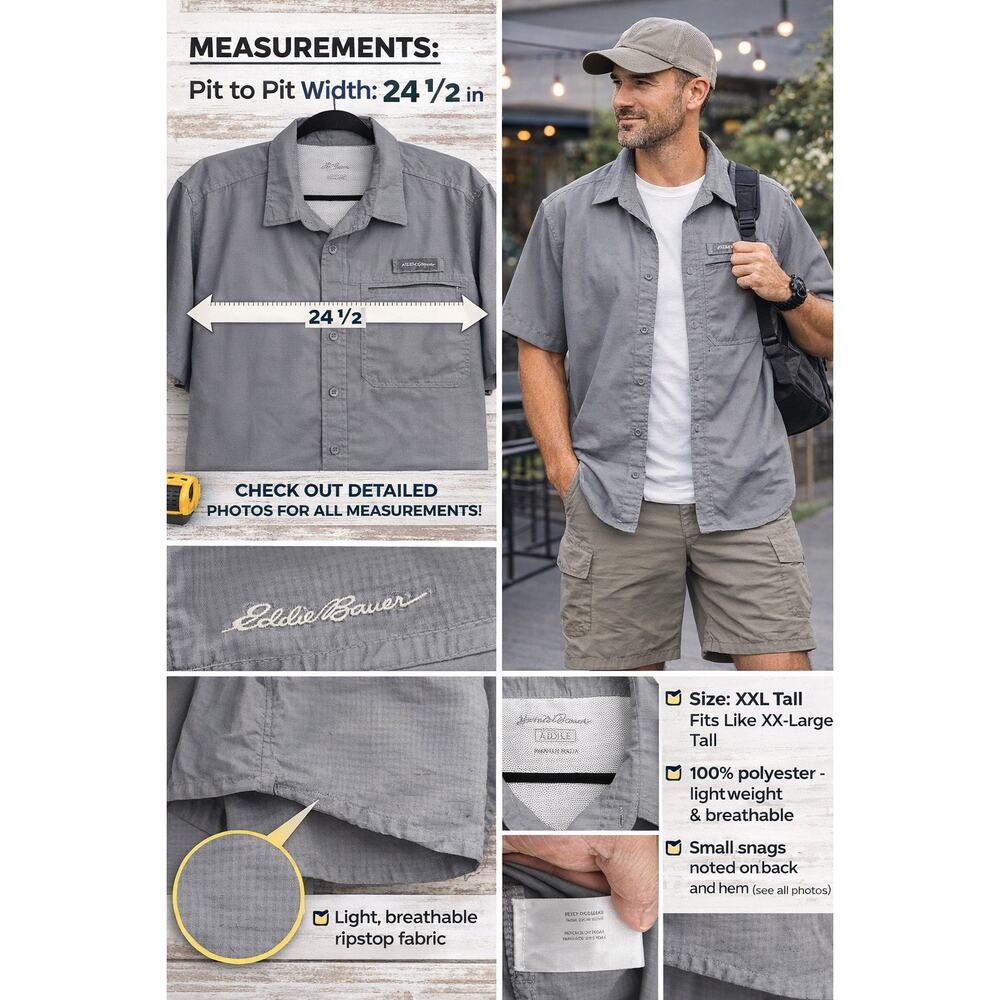 Eddie‎ Bauer Mens Gray Woven Tech Shirt XL UPF 50 Fishing Utility